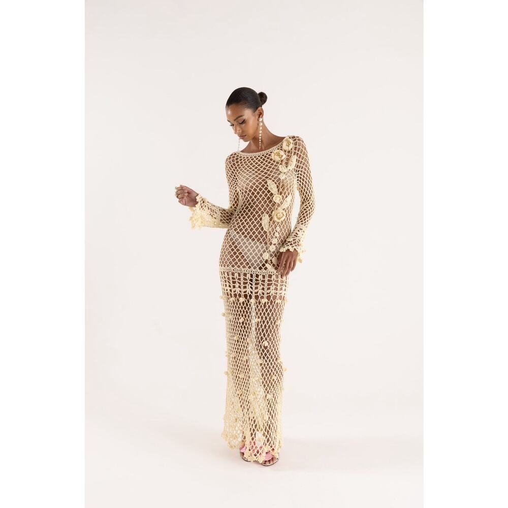 NWT ANDREEVA Butter Yellow Vanilla Handmade Crochet Mesh Maxi Dress XS Resort